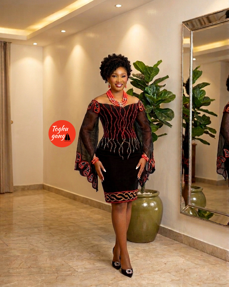 Elegant Toghu Velvet Dress – Modern Cameroonian Traditional Wedding & Luxury Party Gown - Image 1