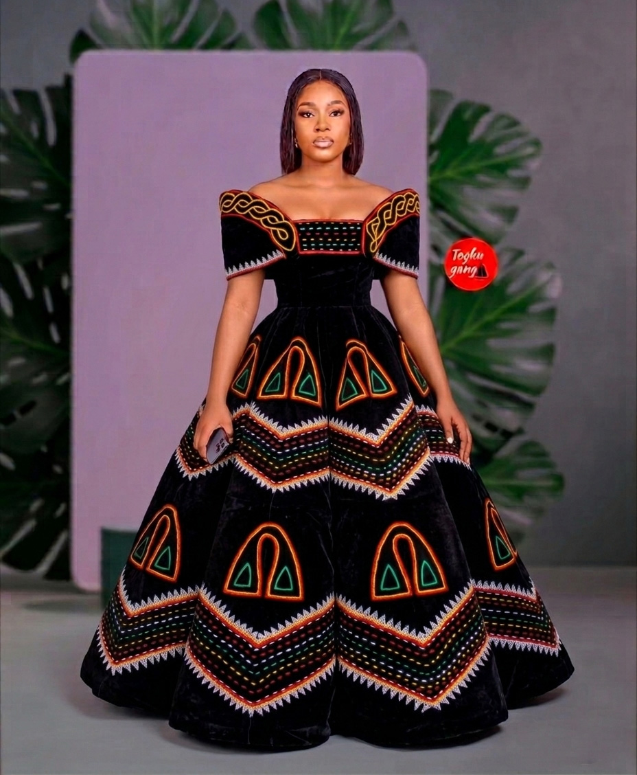 Luxury Velvet Toghu Ball Gown – Off-the-Shoulder Embroidered Cameroonian Wedding Dress - Image 1