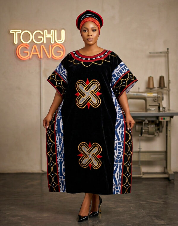 Premium machine embroidered Toghu Bubu dress in black velvet with traditional African patterns.