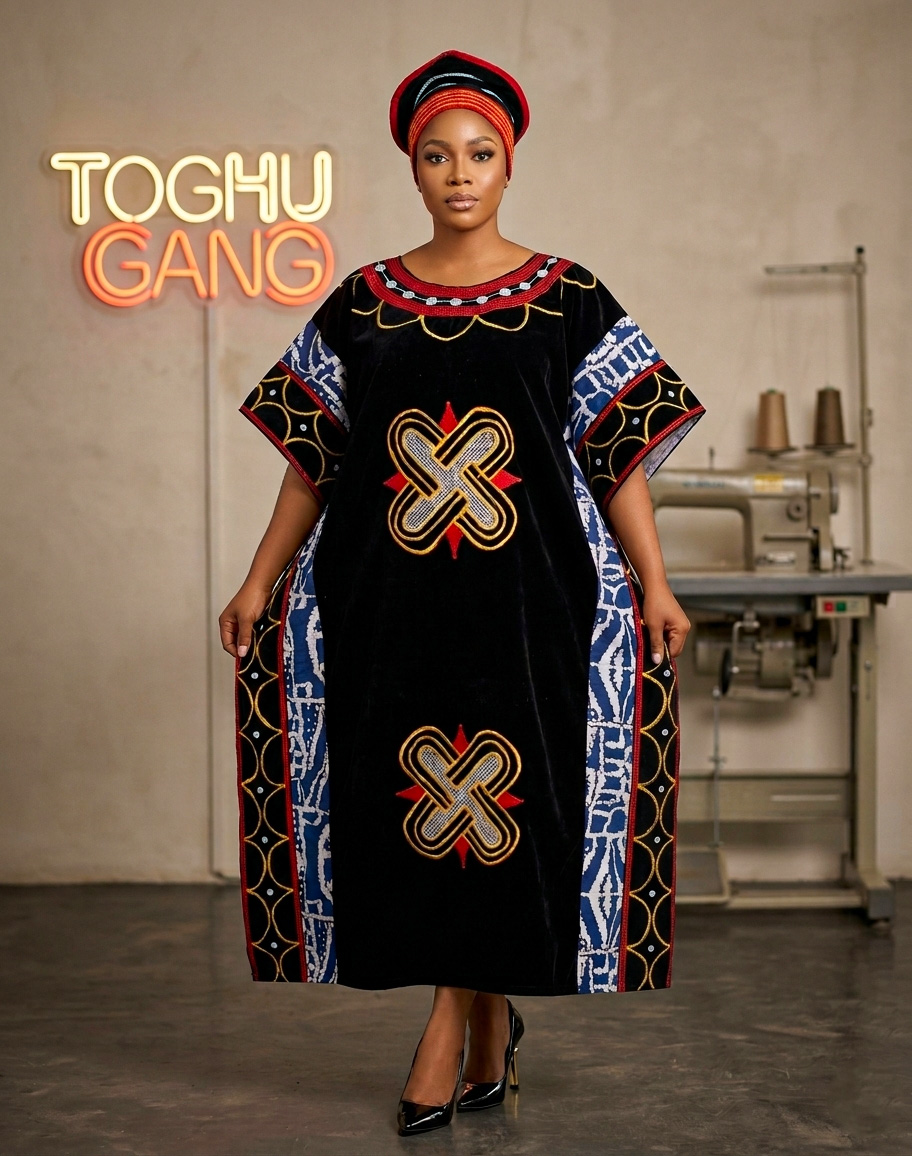 Premium machine embroidered Toghu Bubu dress in black velvet with traditional African patterns.
