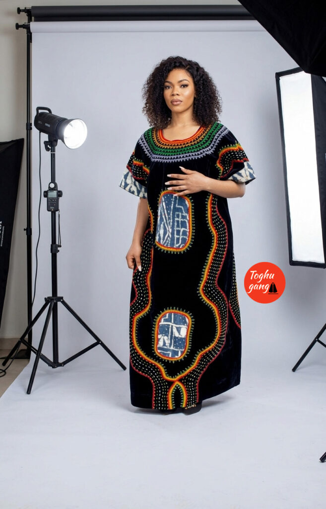 Luxury Toghu Bubu dress mixed with Ndop Details | Traditional African Velvet Maxi Dress