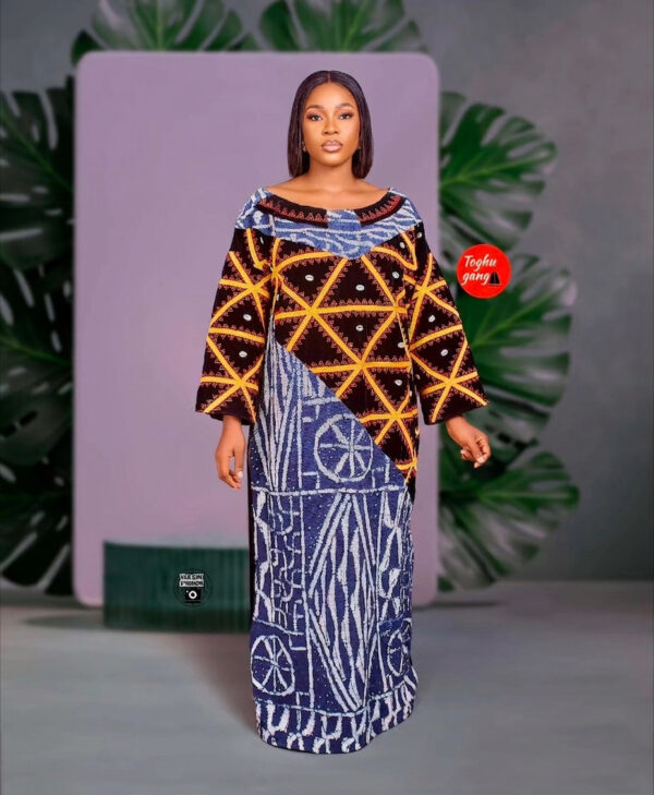 Premium Toghu and Ndop Mixed African Maxi Dress – Traditional Cameroonian Cultural Gown