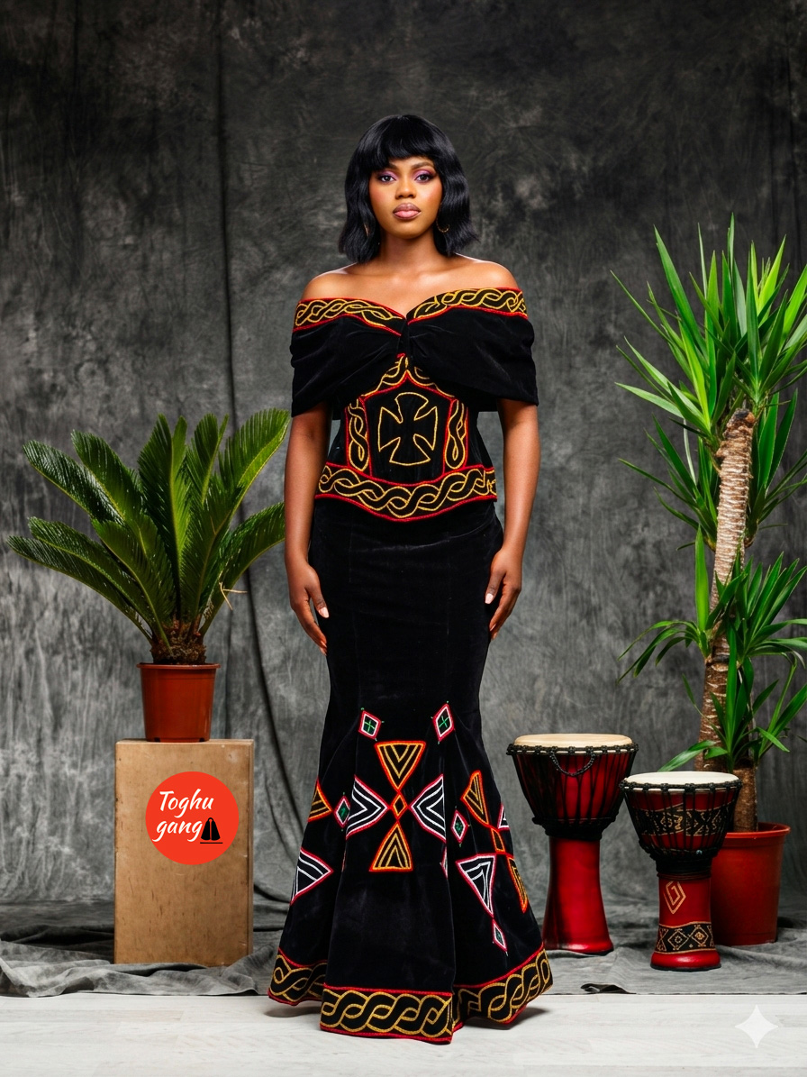 Premium black velvet off-the-shoulder mermaid gown with traditional Cameroonian Toghu embroidery.