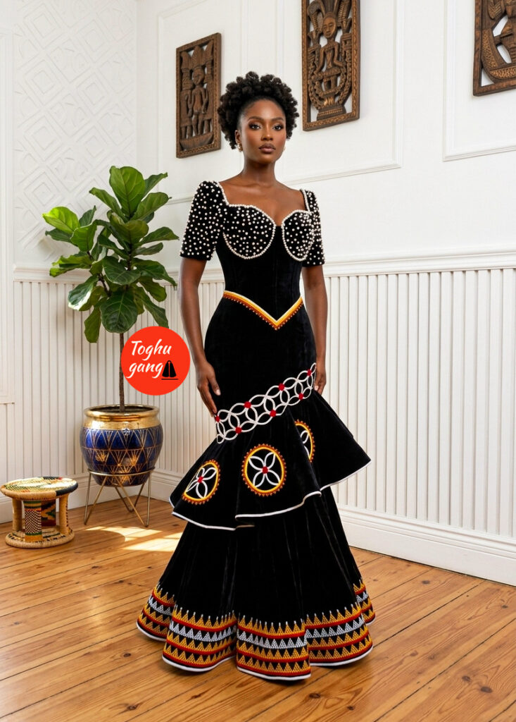 Luxury Toghu Flare Dress Full Length – Pearl Embellished Velvet African Mermaid Gown