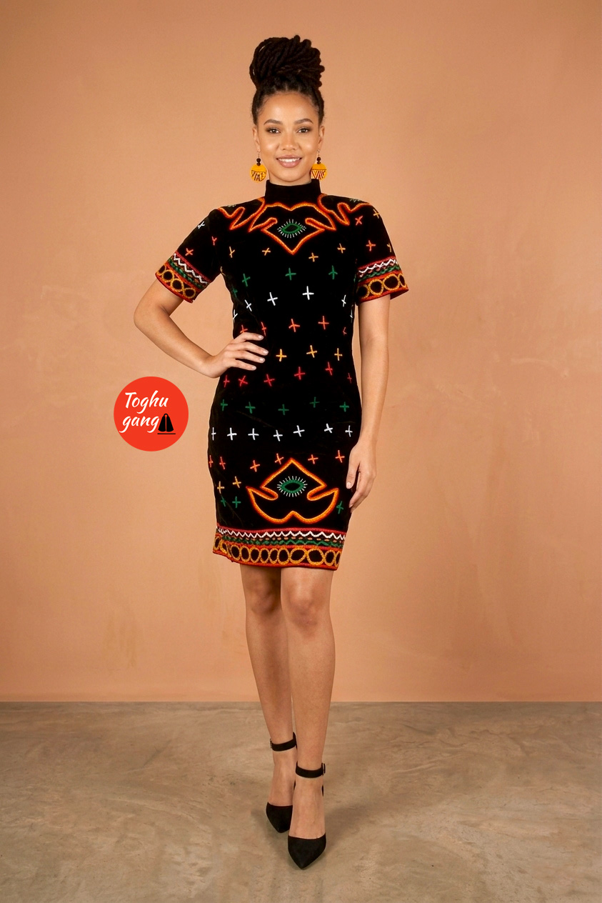 Chic Toghu Knee-Length Hand-Embellished Dress – Premium Velvet African Cocktail Gown - Image 1