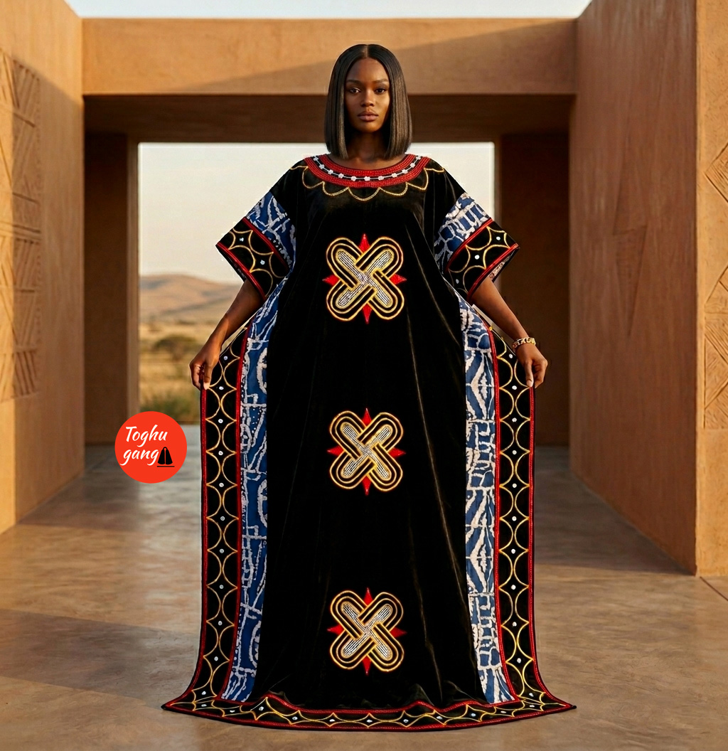 Luxury Velvet Toghu Dress – Full-Length Embroidered African Kaftan Gown - Image 1