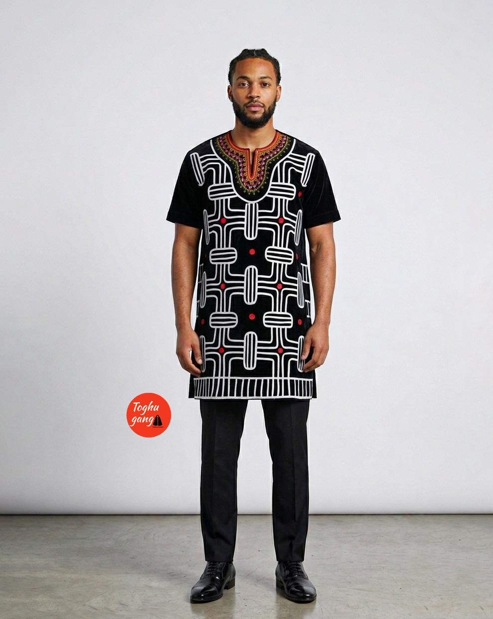 Modern Men’s Toghu Bayas Design Tunic | Luxury Cameroonian Embroidered Velvet Danchiki - Image 1