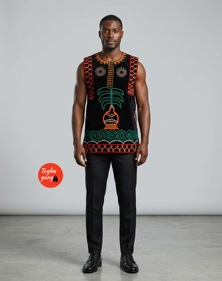 Premium Men's Sleeveless Velvet Toghu danchiki Tunic – Luxury Danchiki Top with Palm Tree & Calabash Embroidery - Image 1