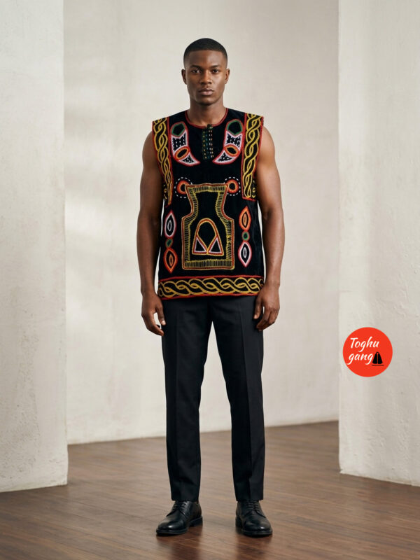 Premium Men’s Toghu Danchiki Sleeveless Vest | Authentic Cameroonian Embroidered Luxury Velvet Wear