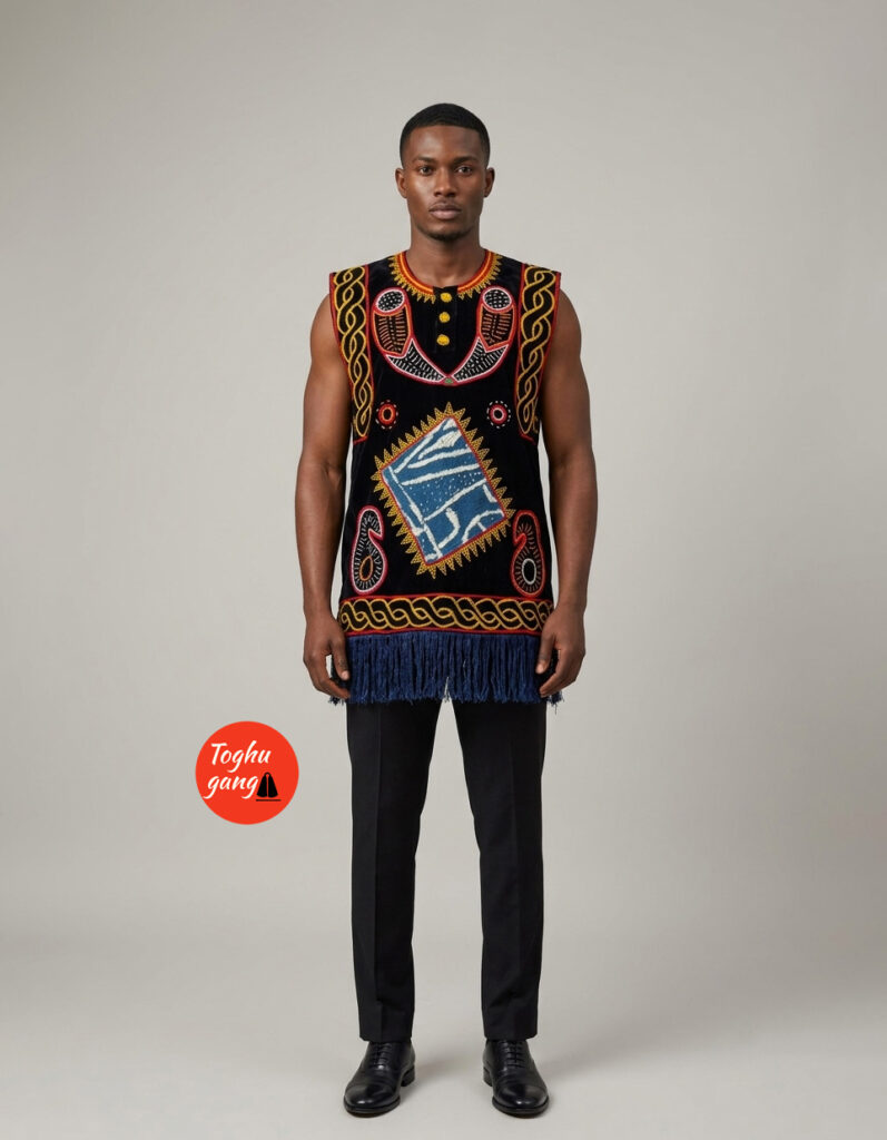 Men's Toghu Sleeveless Velvet Danchiki Tunic – Luxury Toghu with Diamond Ndop Motif