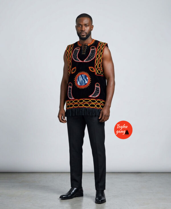Premium Men's Sleeveless Velvet Toghu Tunic – Luxury Danchiki Top with Authentic Ndop Moon design