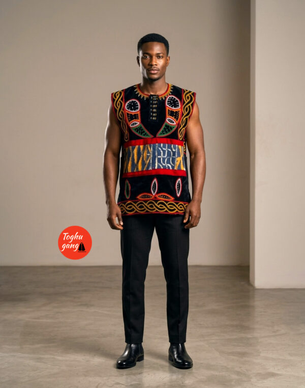 Men’s Toghu Danchiki Top – Traditional Ndop and Velvet Embroidered Sleeveless Tunic