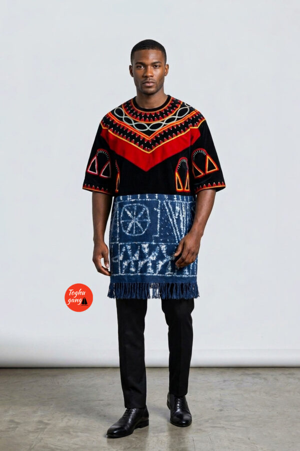 Elegant Men’s Black Velvet Toghu Tunic – Premium Cameroonian Ndop Mixed Traditional Top