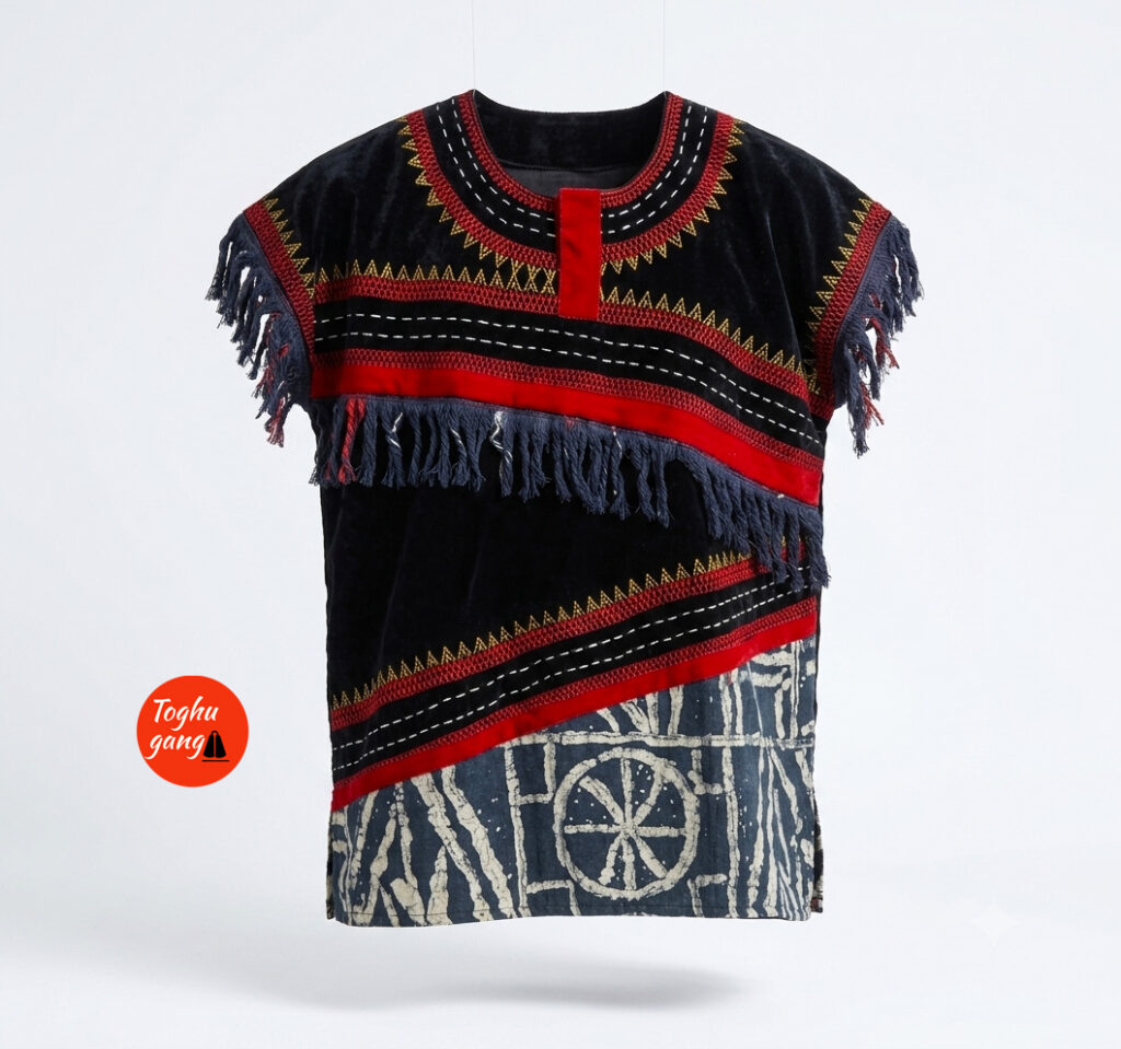 Handmade Men’s Toghu Embroidered Top – Modern African Velvet Shirt and ndop with Fringe