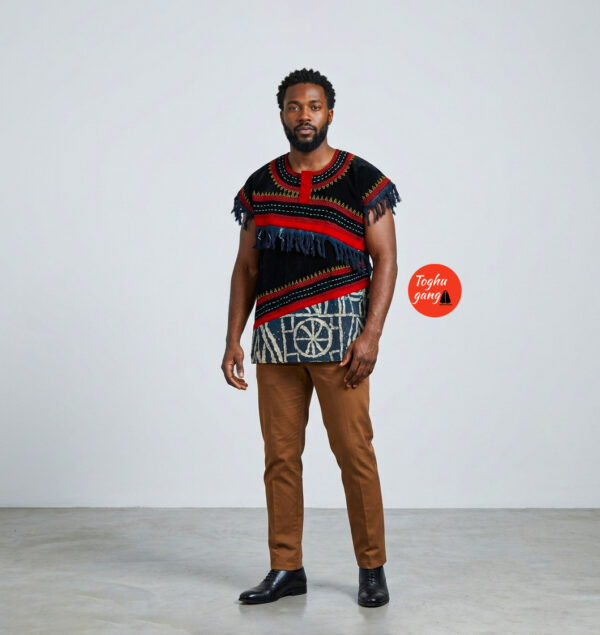 Handmade Men’s Toghu Embroidered Top – Modern African Velvet Shirt and ndop with Fringe - Image 2