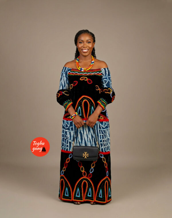 Toghu Mixed Ndop Bubu Dress – Hand-Embroidered Traditional Cameroonian Gown