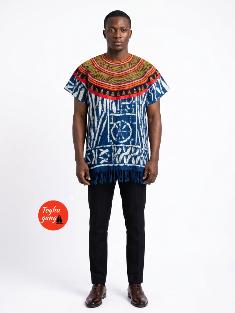 Luxury Men's Toghu and Ndop Mixed Tunic – Authentic Cameroonian Traditional Short-Sleeve Top