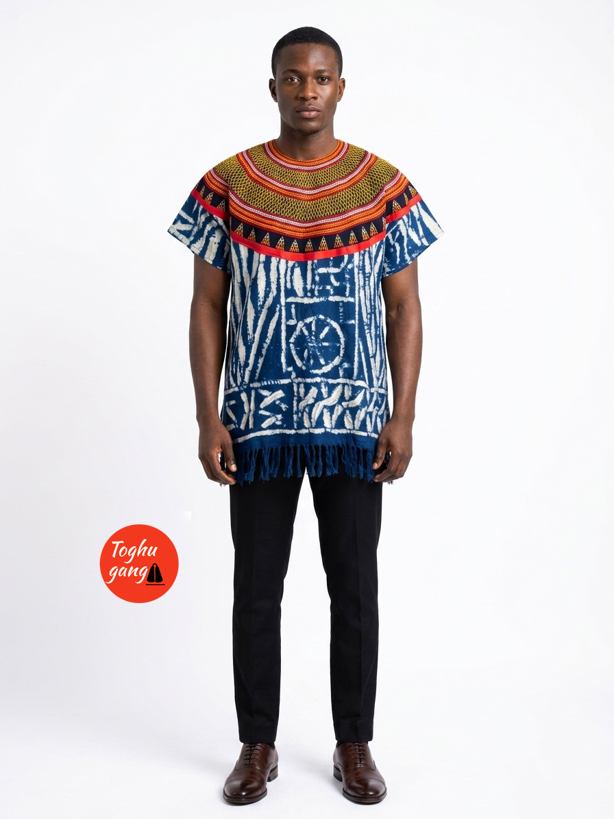 Luxury Men's Toghu and Ndop Mixed Tunic – Authentic Cameroonian Traditional Short-Sleeve Top - Image 1